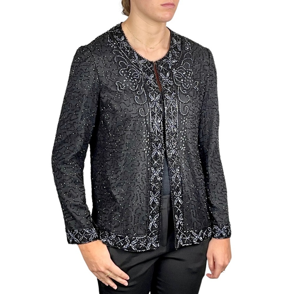 VINTAGE BLACK SILK EMBELLISHED FLORAL BEADED SEQUIN EVENING HOLIDAY JACKET